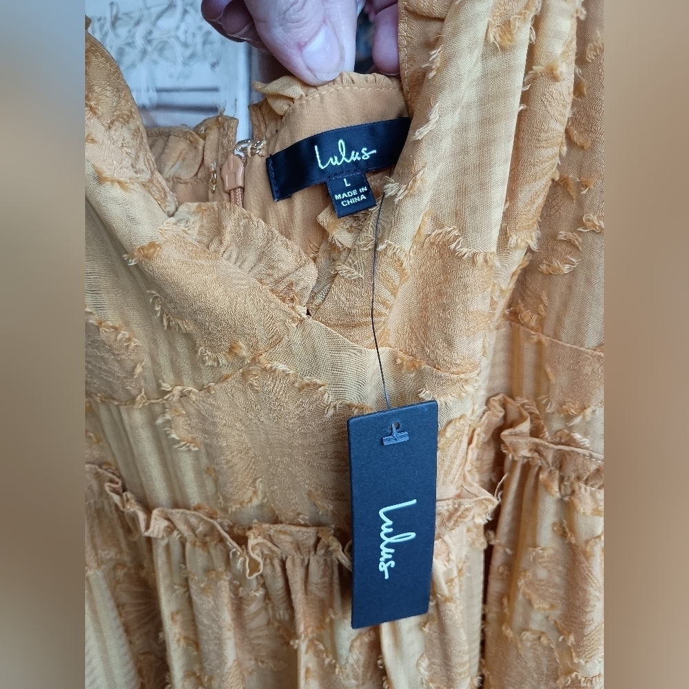 NWT Lulu's Charm and Charisma Mustard Yellow Burnout Floral Dress_Large - Picture 5 of 6
